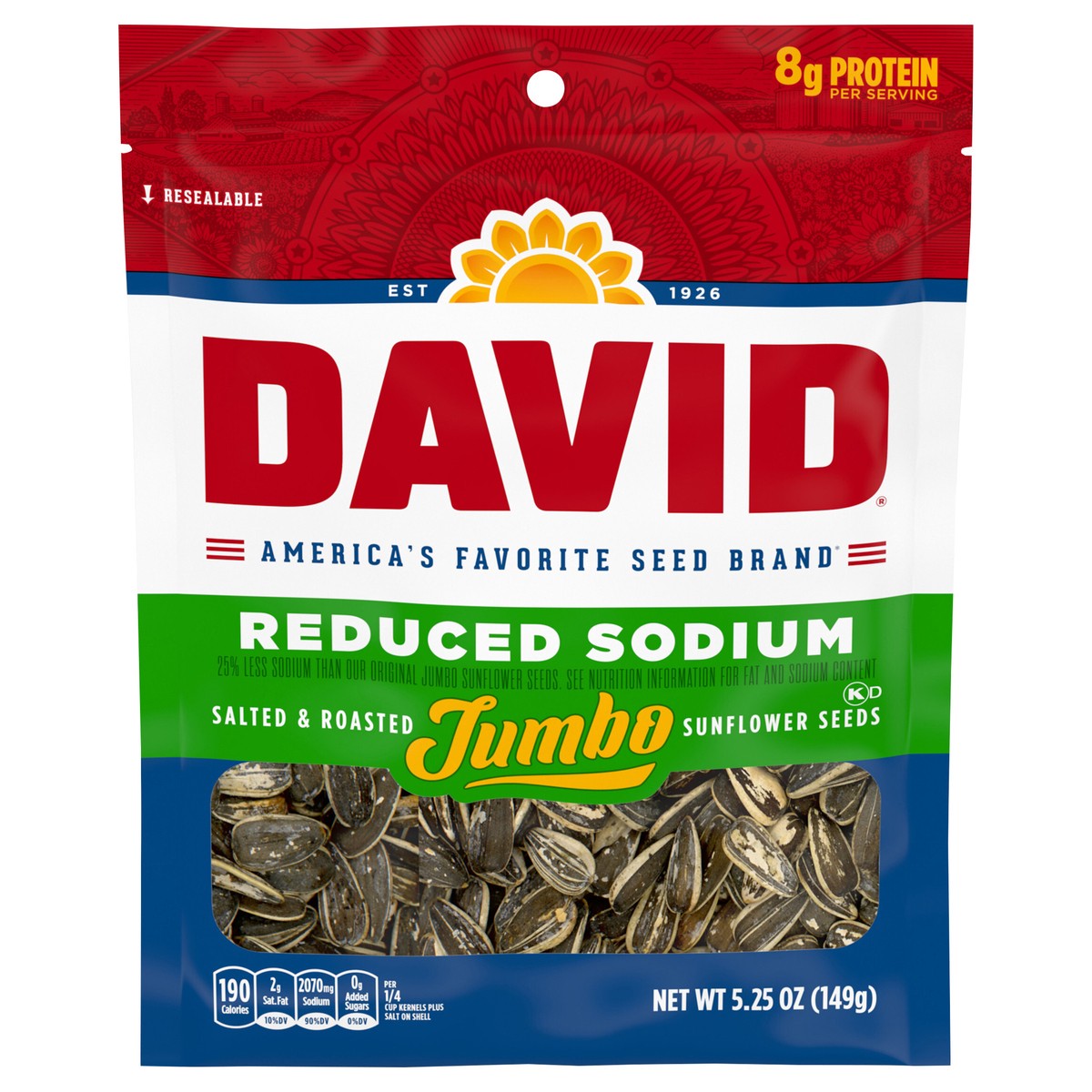 slide 1 of 14, David Seeds Reduced Sodium Salted and Roasted Jumbo Sunflower Seeds, Keto Friendly Snack, 5.25 oz., 5.25 oz