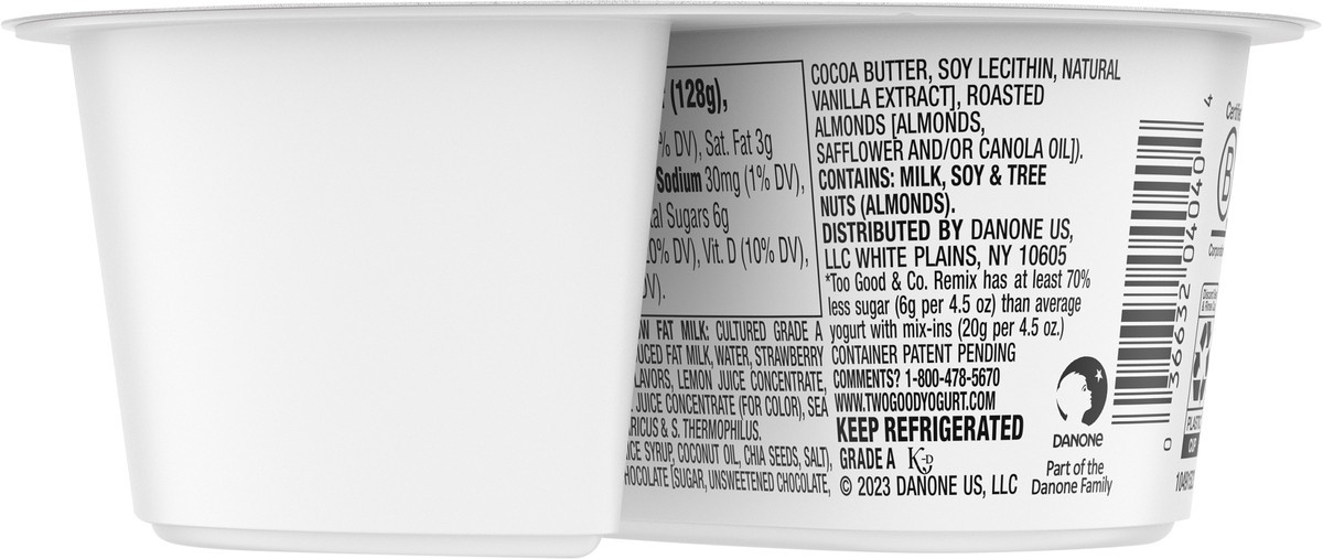 slide 7 of 14, Too Good & Co. REMIX Strawberry Flavored Low Fat Yogurt-Cultured Ultra-Filtered Low Fat Milk with Dark Chocolate and Roasted Almond Mix Ins, 4.5 oz cup, 4.5 oz