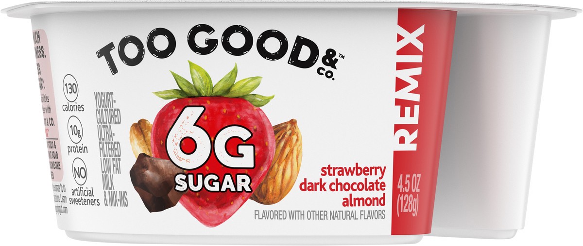 slide 11 of 14, Too Good & Co. REMIX Strawberry Flavored Low Fat Yogurt-Cultured Ultra-Filtered Low Fat Milk with Dark Chocolate and Roasted Almond Mix Ins, 4.5 oz cup, 4.5 oz