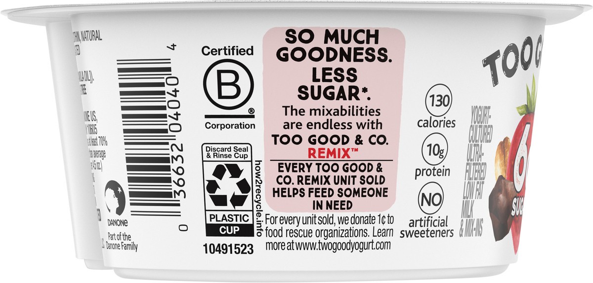 slide 4 of 14, Too Good & Co. REMIX Strawberry Flavored Low Fat Yogurt-Cultured Ultra-Filtered Low Fat Milk with Dark Chocolate and Roasted Almond Mix Ins, 4.5 oz cup, 4.5 oz