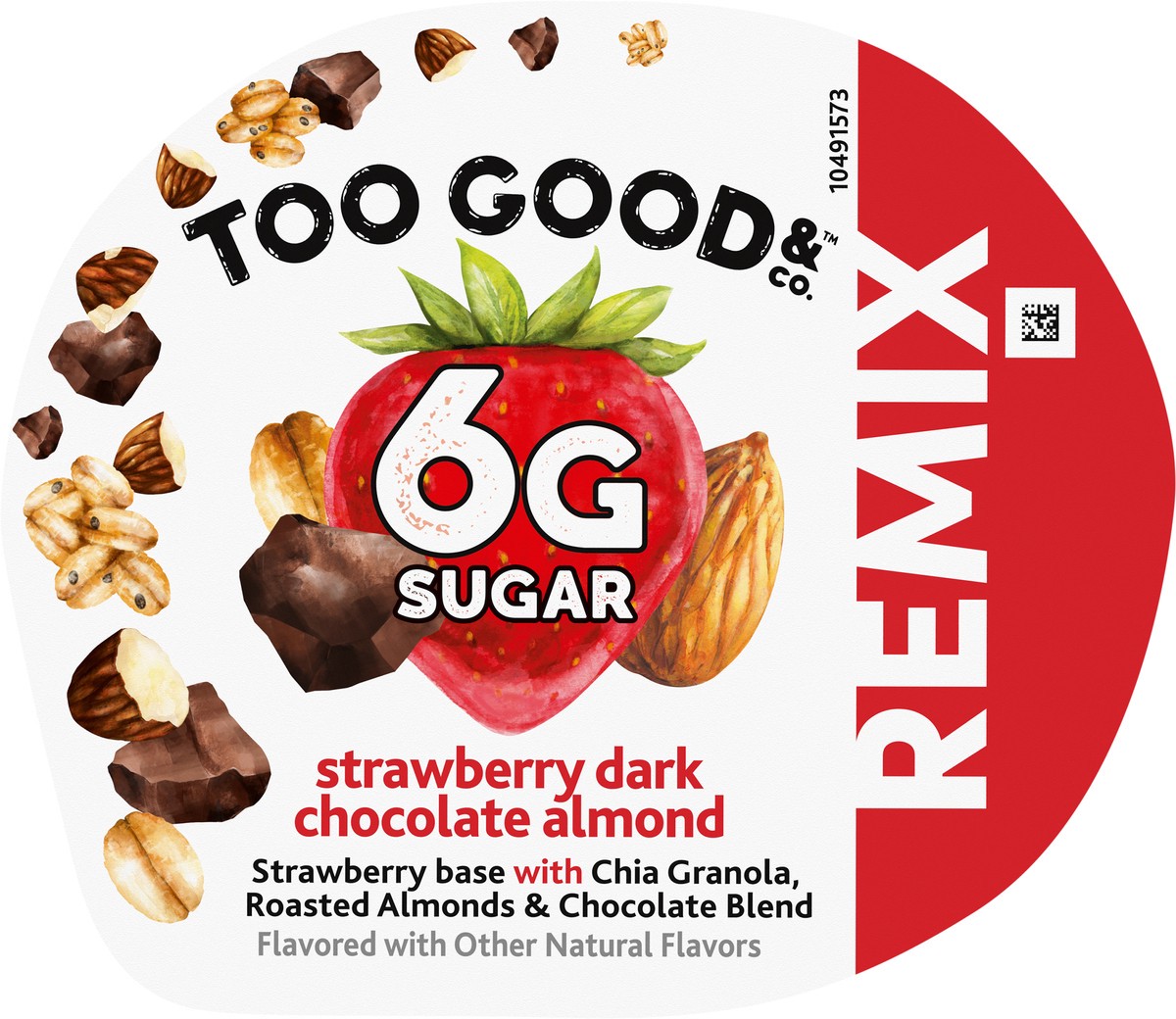 slide 10 of 14, Too Good & Co. REMIX Strawberry Flavored Low Fat Yogurt-Cultured Ultra-Filtered Low Fat Milk with Dark Chocolate and Roasted Almond Mix Ins, 4.5 oz cup, 4.5 oz