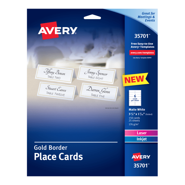 slide 1 of 7, Avery Laser/Inkjet Place Cards, 1 7/16'' X 3 3/4'', Gold Border, Pack Of 150, 150 ct