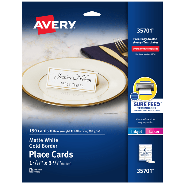 slide 1 of 7, Avery Laser/Inkjet Place Cards, 1 7/16'' X 3 3/4'', Gold Border, Pack Of 150, 150 ct