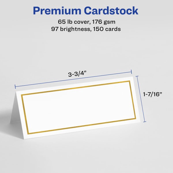 slide 2 of 7, Avery Laser/Inkjet Place Cards, 1 7/16'' X 3 3/4'', Gold Border, Pack Of 150, 150 ct