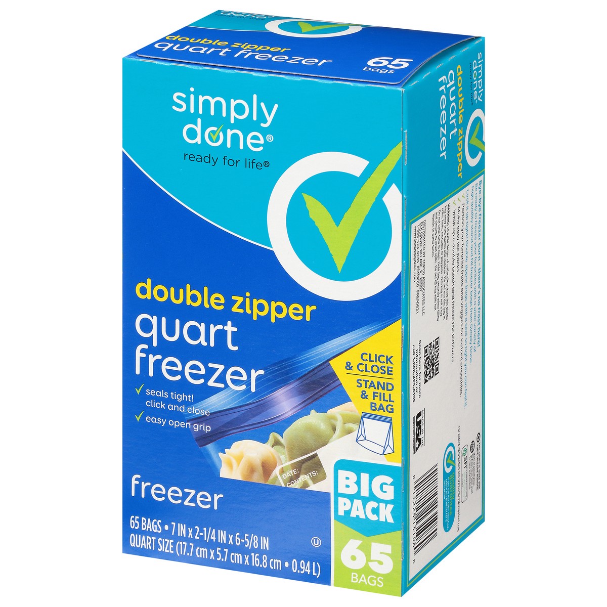 Simply Done Double Zipper Freezer Bags Big Pack Quart Size 65 ea