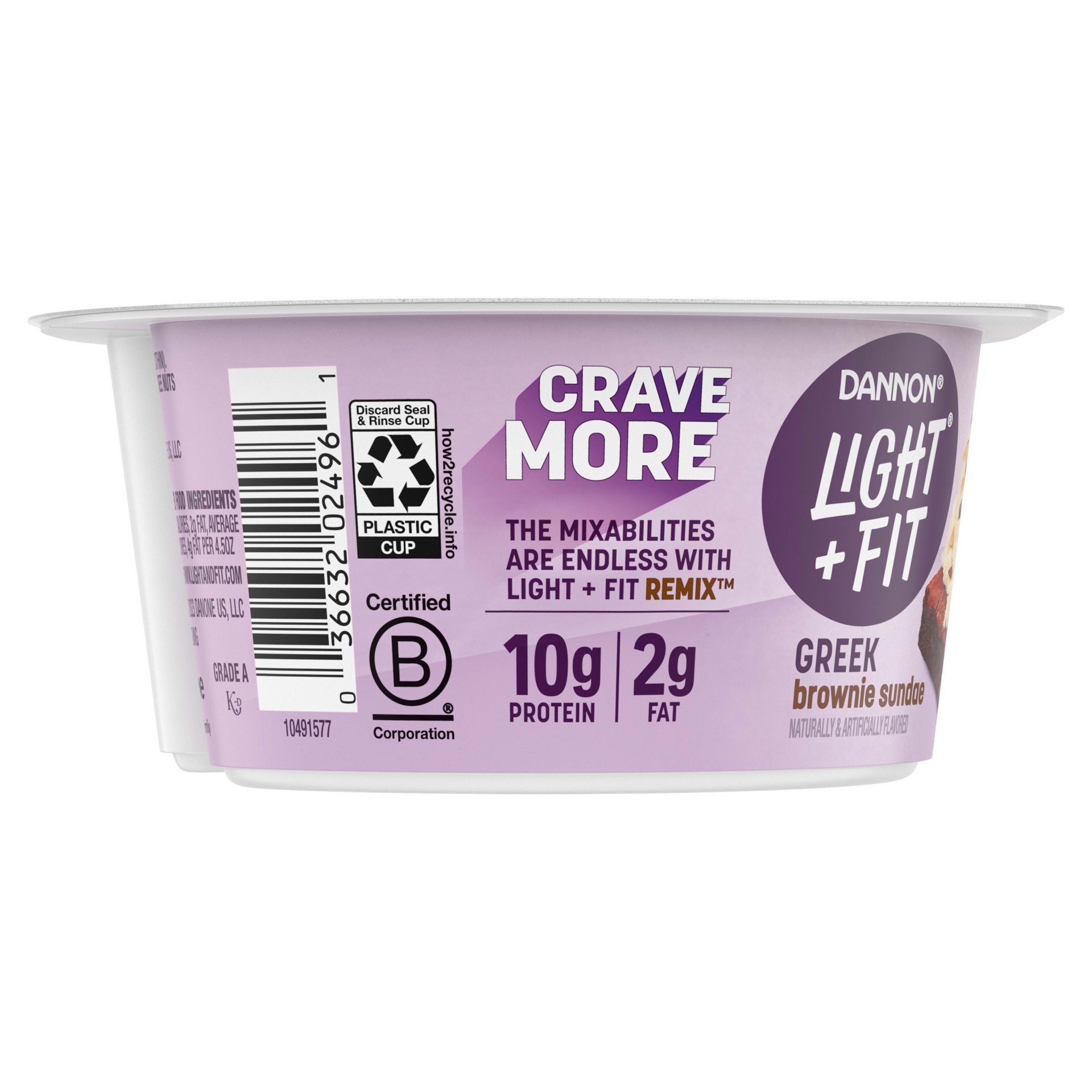 slide 2 of 5, Dannon Light + Fit REMIX Brownie Sundae Vanilla Nonfat Greek Yogurt with Brownie Crumbles, Honey Praline Almonds and Butter Toffee Mix-Ins, 4.5 OZ Yogurt Cups, 4.5 oz