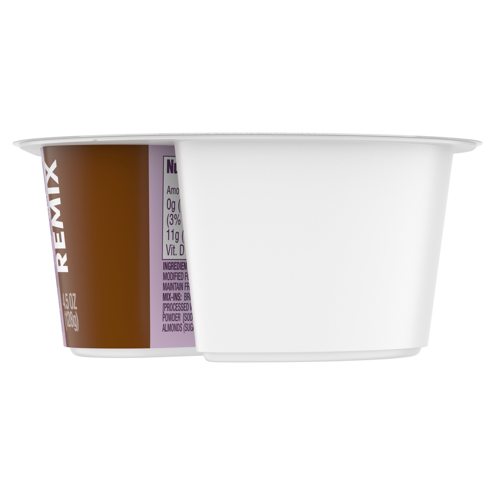 slide 4 of 5, Dannon Light + Fit REMIX Brownie Sundae Vanilla Nonfat Greek Yogurt with Brownie Crumbles, Honey Praline Almonds and Butter Toffee Mix-Ins, 4.5 OZ Yogurt Cups, 4.5 oz