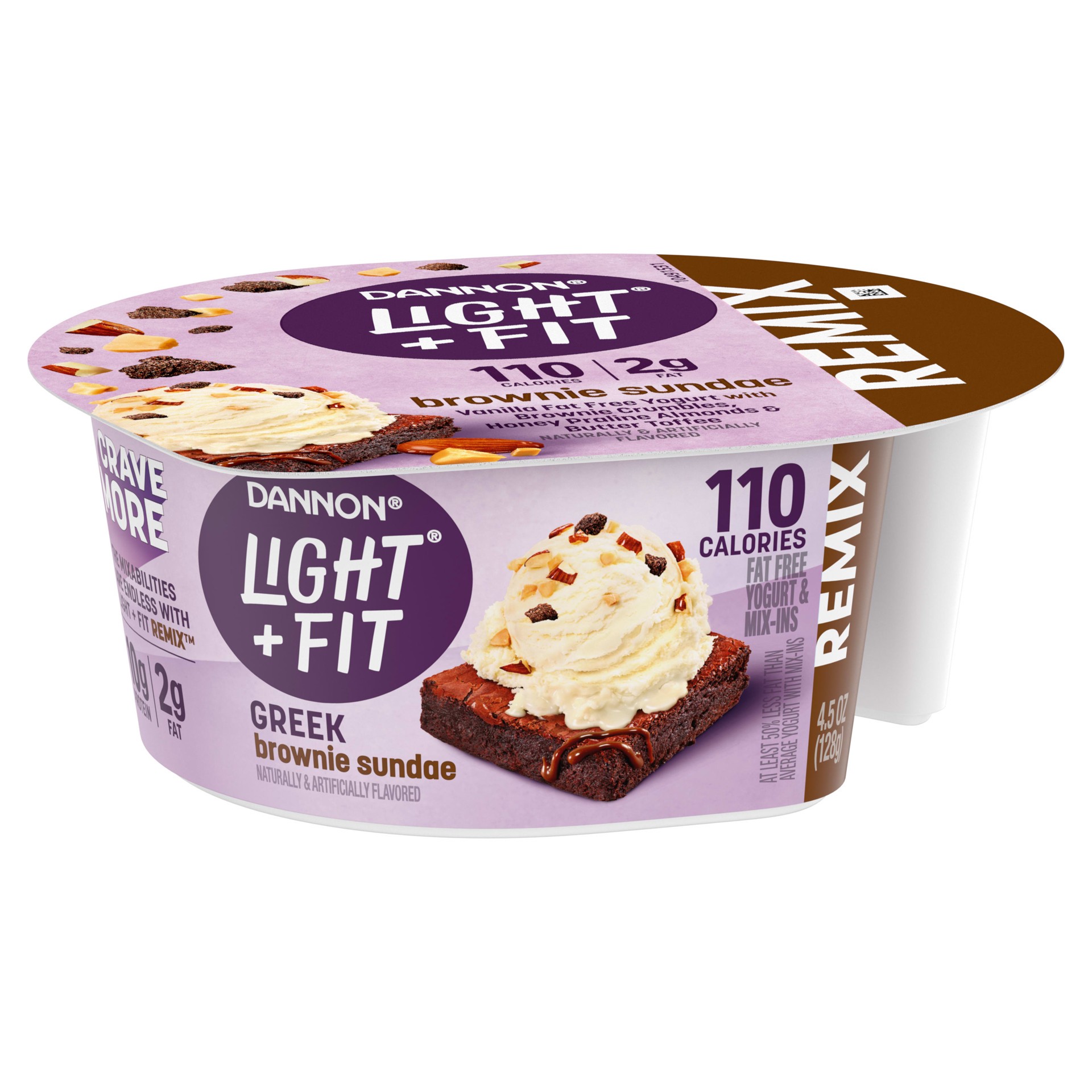slide 3 of 5, Dannon Light + Fit REMIX Brownie Sundae Vanilla Nonfat Greek Yogurt with Brownie Crumbles, Honey Praline Almonds and Butter Toffee Mix-Ins, 4.5 OZ Yogurt Cups, 4.5 oz