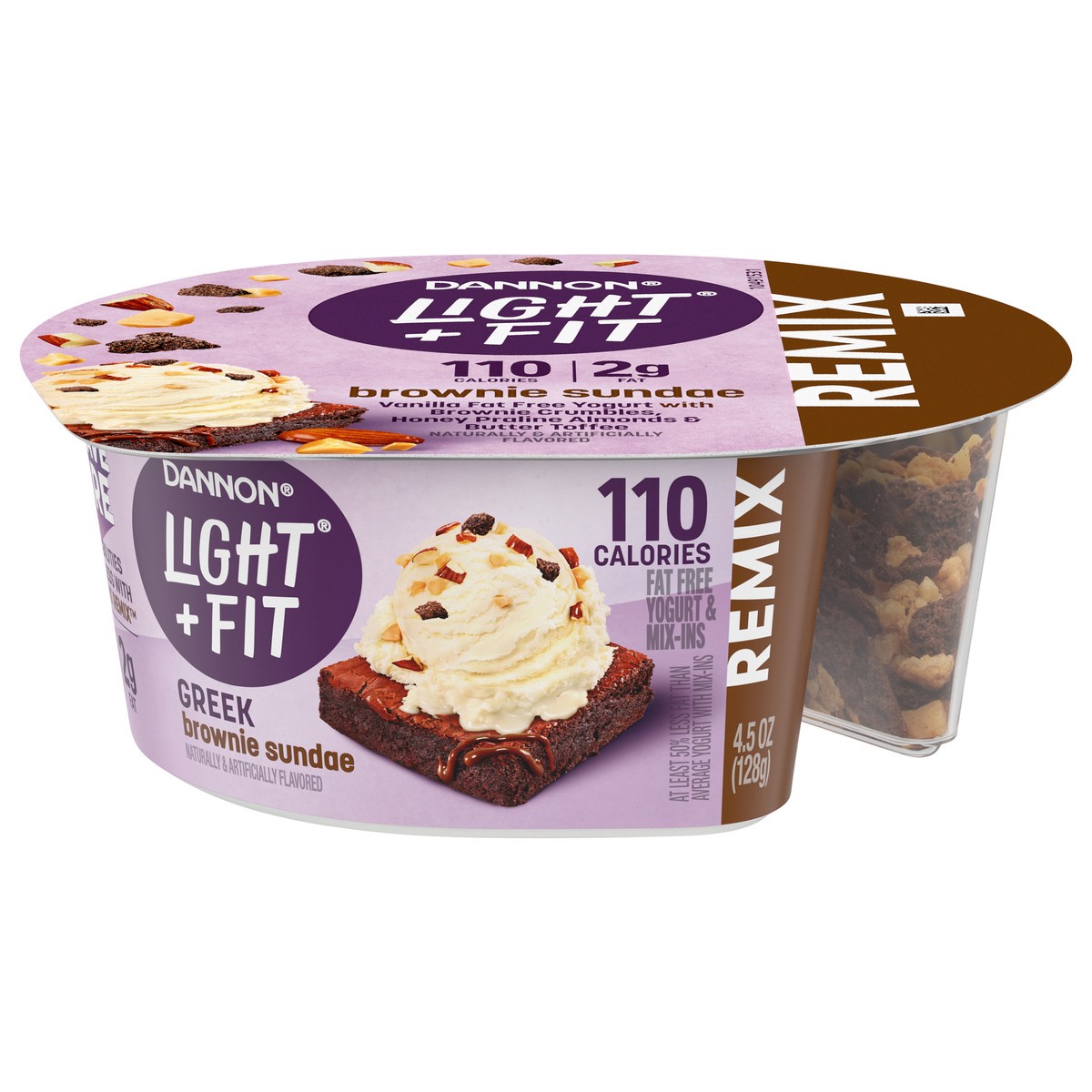 slide 1 of 5, Dannon Light + Fit REMIX Brownie Sundae Vanilla Nonfat Greek Yogurt with Brownie Crumbles, Honey Praline Almonds and Butter Toffee Mix-Ins, 4.5 OZ Yogurt Cups, 4.5 oz
