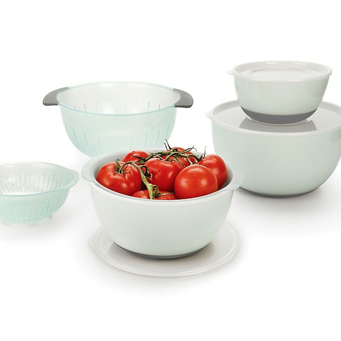 slide 2 of 7, OXO Good Grips Nesting Mixing Bowls and Colanders Set - Seaglass Blue, 9 ct