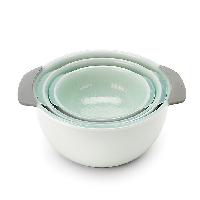 slide 4 of 7, OXO Good Grips Nesting Mixing Bowls and Colanders Set - Seaglass Blue, 9 ct