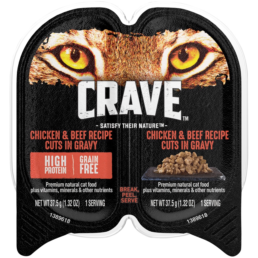 slide 1 of 5, CRAVE Adult Wet Cat Food, Chicken & Beef Recipe Cuts in Gravy Twin-Pack Tray, 2.6 oz