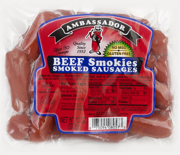 slide 1 of 1, Ambassador Beef Smokies Smoked Sausages, 13 oz