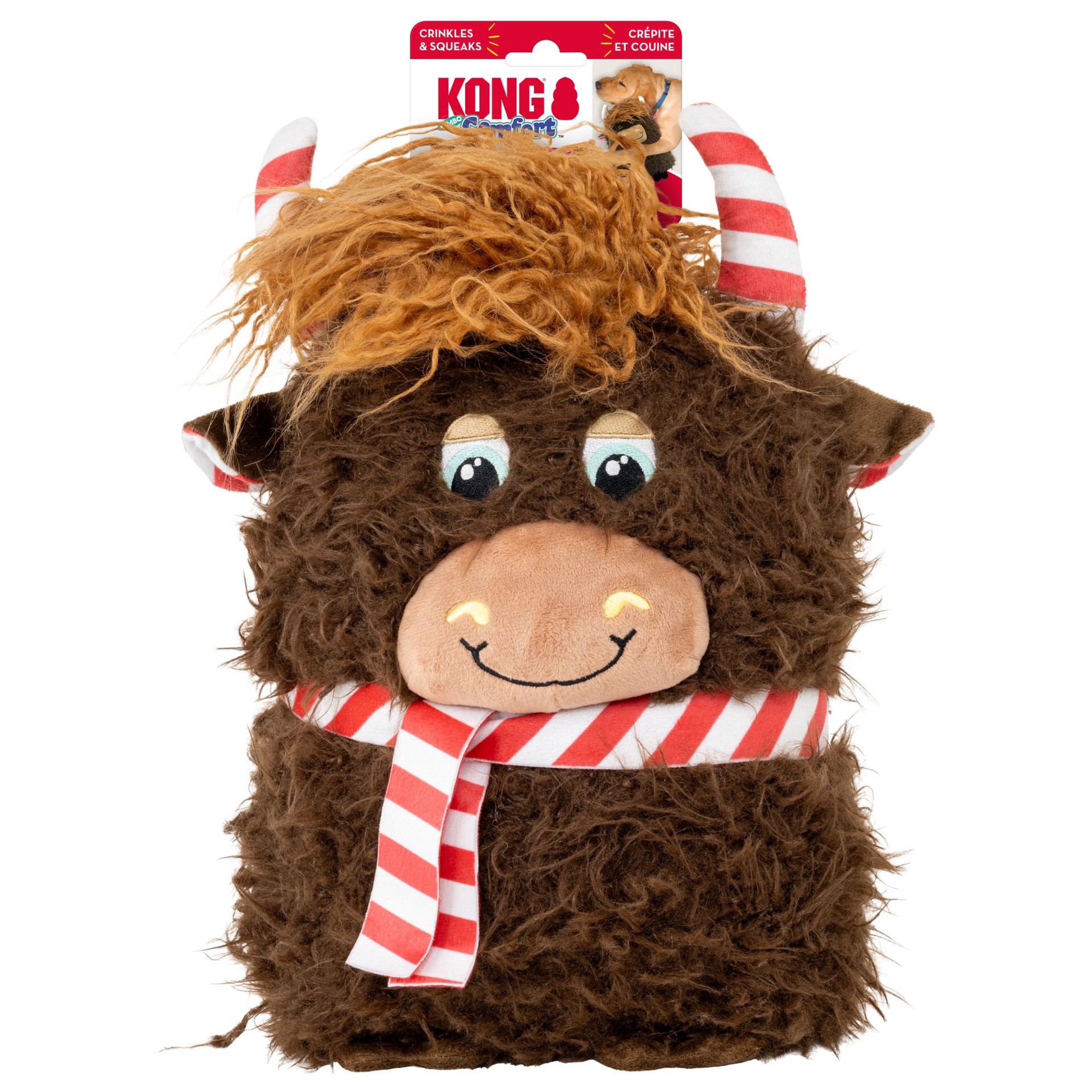 slide 1 of 1, KONG Holiday Comfort Jumbo Highland Cow Dog Toy, X-Large, XL
