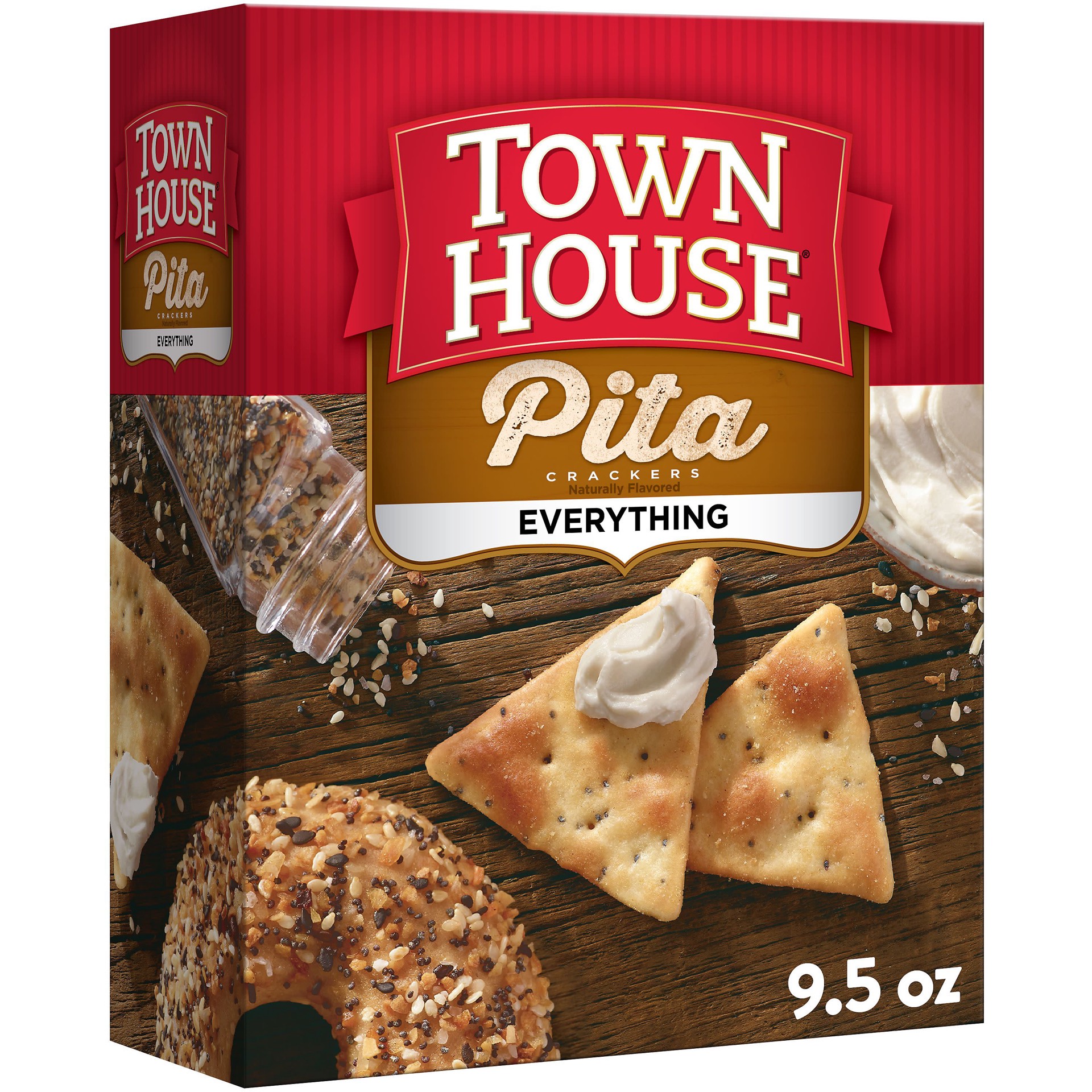 slide 1 of 1, Town House Pita Oven Baked Crackers, Party Snacks, Everything Flavor, 9.5oz Box, 1 Box, 9.5 oz