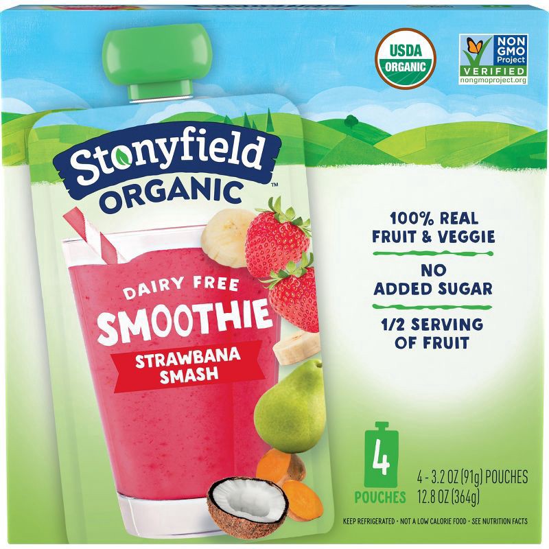 slide 1 of 1, Stonyfield Organic Dairy Free Smoothie Pouches, Strawbanana Smash, 3.2 oz., 4 Ct, 4 ct