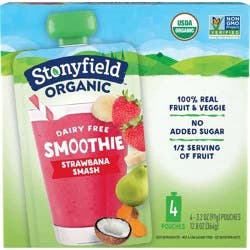 Stonyfield Organic Dairy Free Smoothie Pouches, Strawbanana Smash, 3.2 oz., 4 Ct