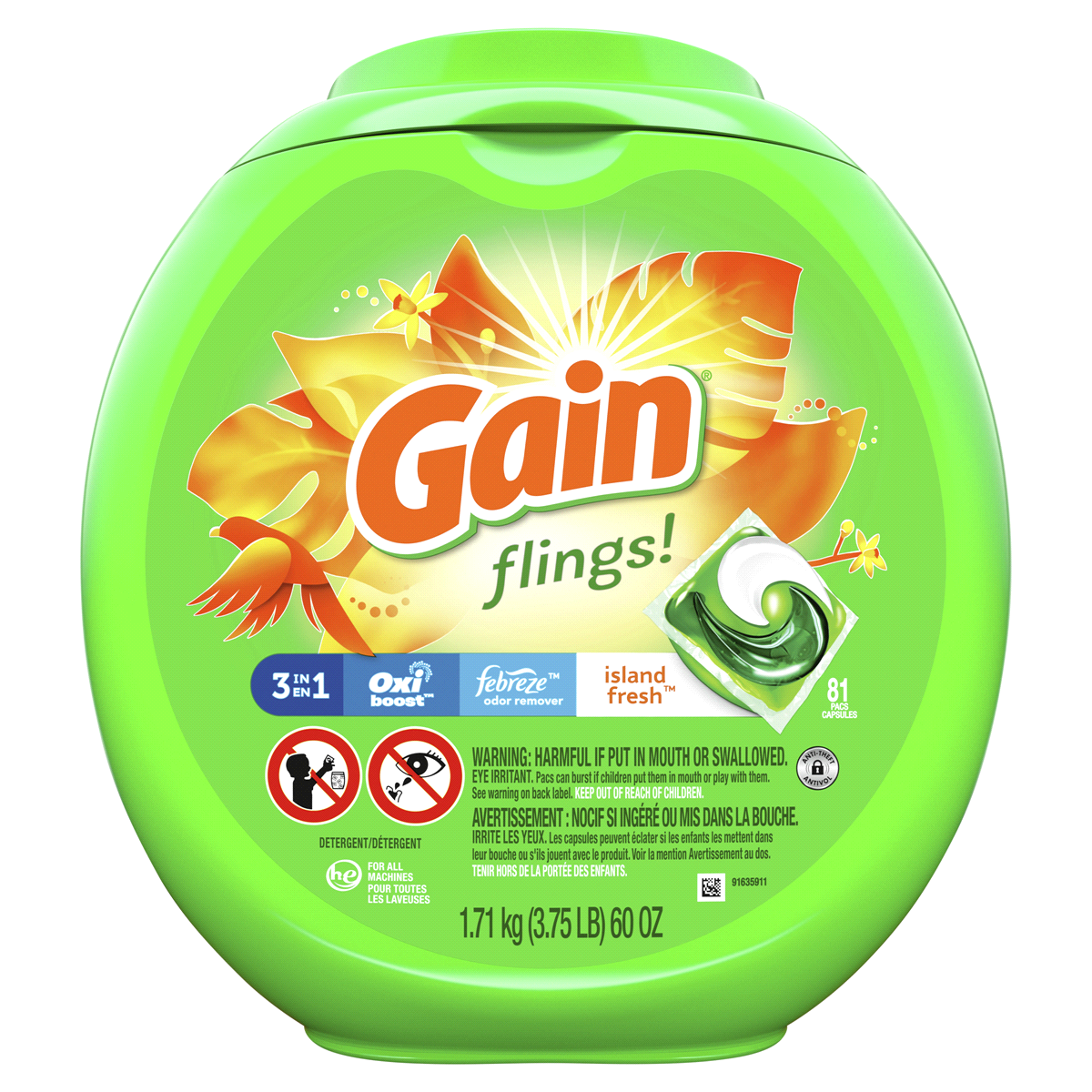 slide 1 of 2, Gain Flings Liquid Laundry Detergent, Island Fresh Scent, HE Compatible, 81 ct