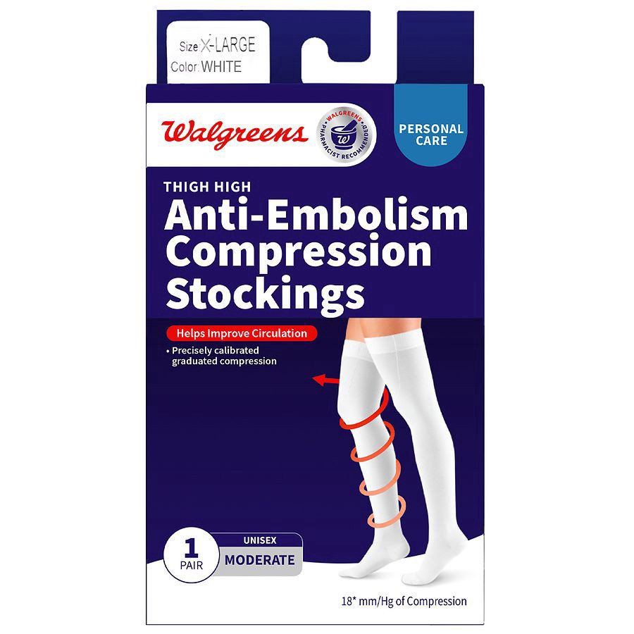 slide 1 of 5, Walgreens Anti-Embolism Compression Stockings, Thigh High White, XL