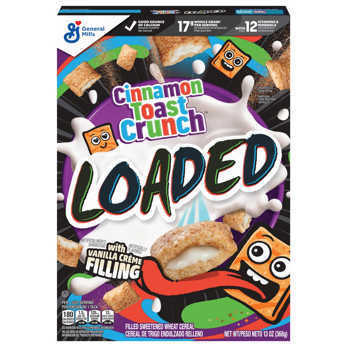 slide 4 of 4, Cinnamon Toast Crunch Loaded Cereal, Cinnamon Sugar Cereal With Artificially Flavored Vanilla Crème Filling, Made With Whole Grain, Large Size, 13 oz, 13 oz
