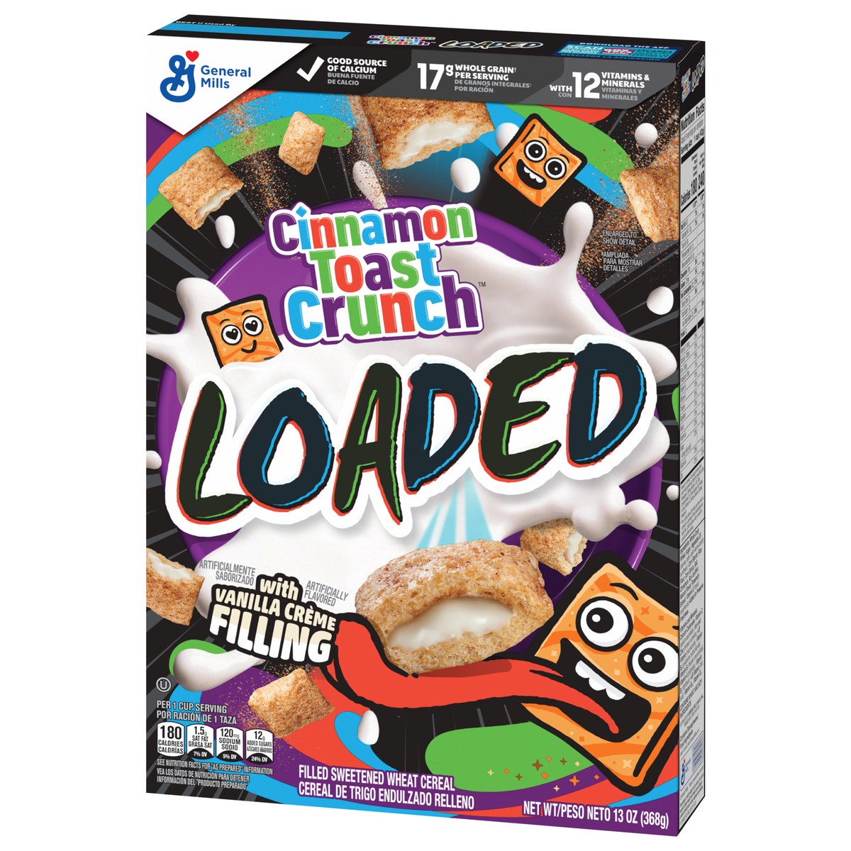 slide 3 of 4, Cinnamon Toast Crunch Loaded Cereal, Cinnamon Sugar Cereal With Artificially Flavored Vanilla Crème Filling, Made With Whole Grain, Large Size, 13 oz, 13 oz