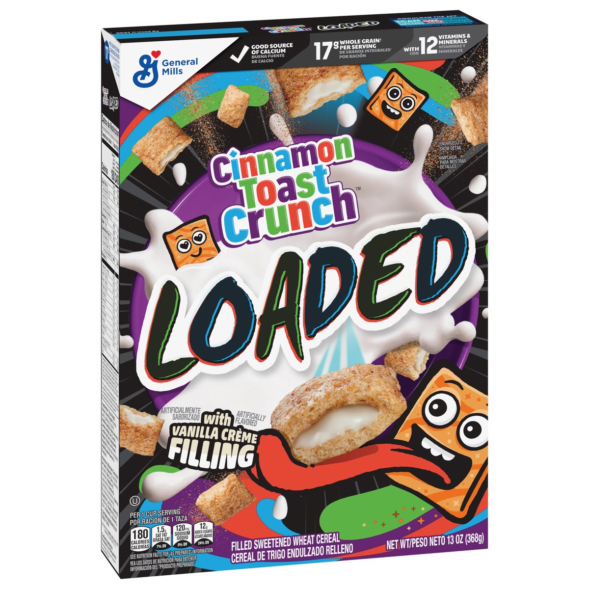 slide 2 of 4, Cinnamon Toast Crunch Loaded Cereal, Cinnamon Sugar Cereal With Artificially Flavored Vanilla Crème Filling, Made With Whole Grain, Large Size, 13 oz, 13 oz