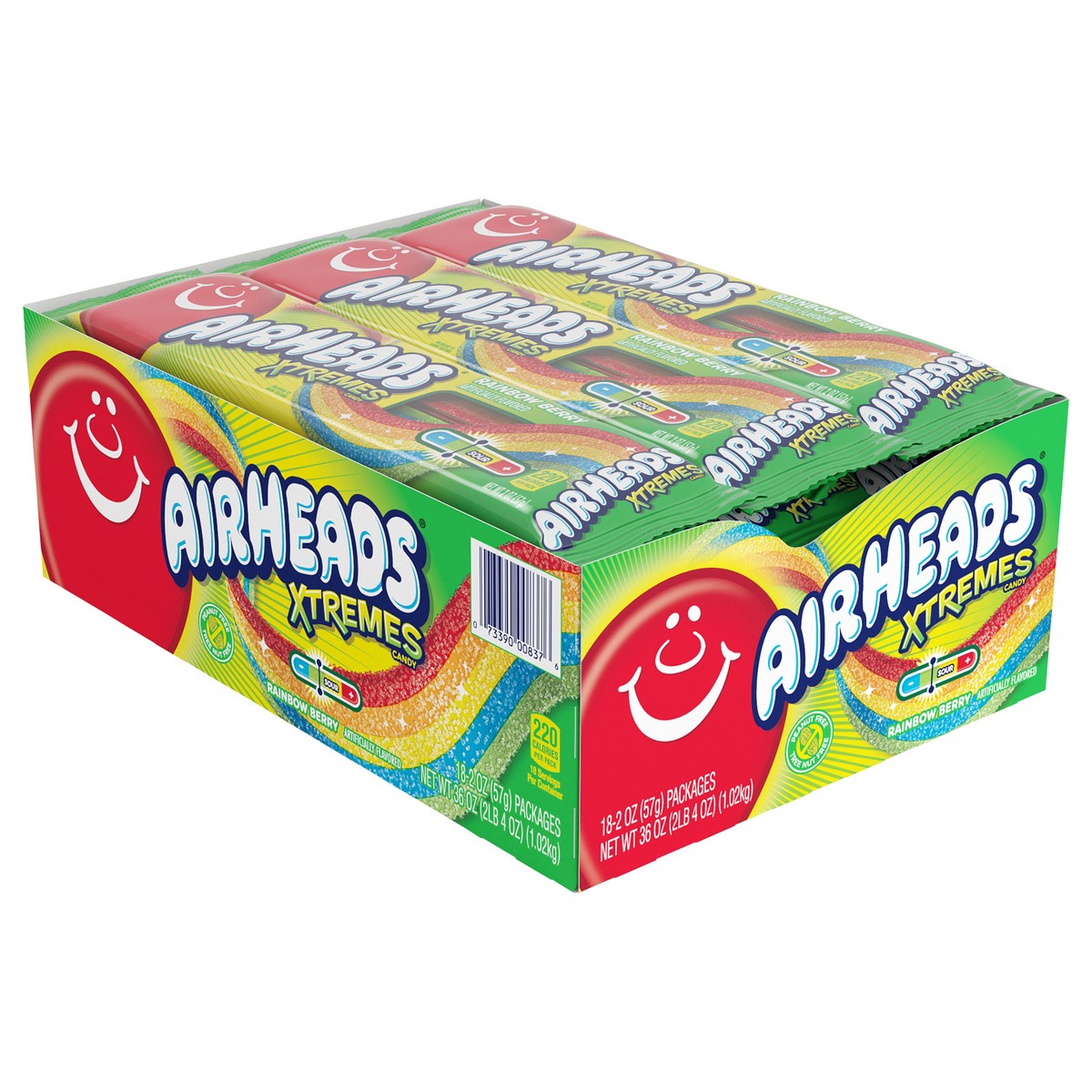 slide 2 of 8, Airheads Xtremes Sweetly Sour Rainbow Berry Belts Candy, 2 ounce Packs (Pack of 18), 2 oz