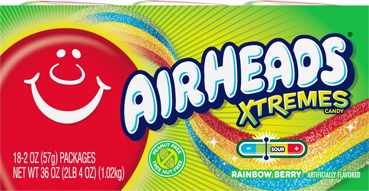 slide 7 of 8, Airheads Xtremes Sweetly Sour Rainbow Berry Belts Candy, 2 ounce Packs (Pack of 18), 2 oz