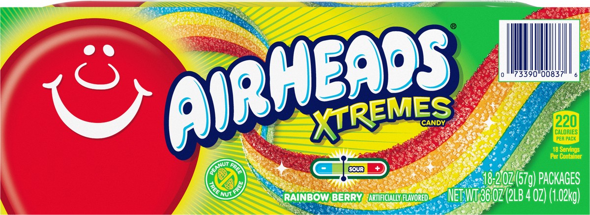 slide 3 of 8, Airheads Xtremes Sweetly Sour Rainbow Berry Belts Candy, 2 ounce Packs (Pack of 18), 2 oz