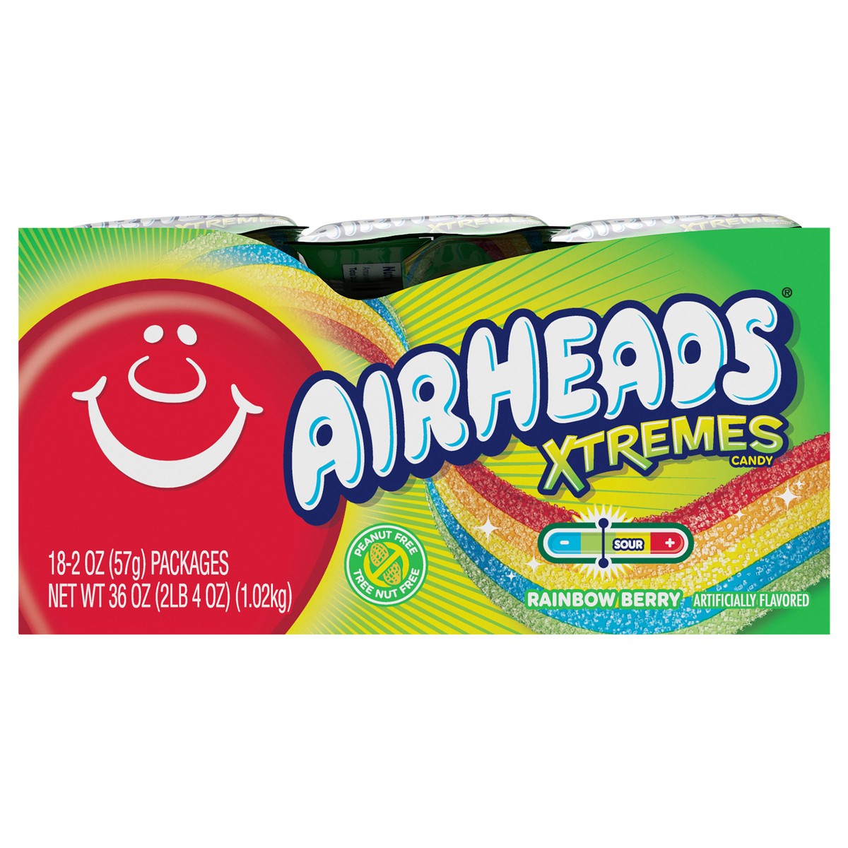 slide 1 of 8, Airheads Xtremes Sweetly Sour Rainbow Berry Belts Candy, 2 ounce Packs (Pack of 18), 2 oz