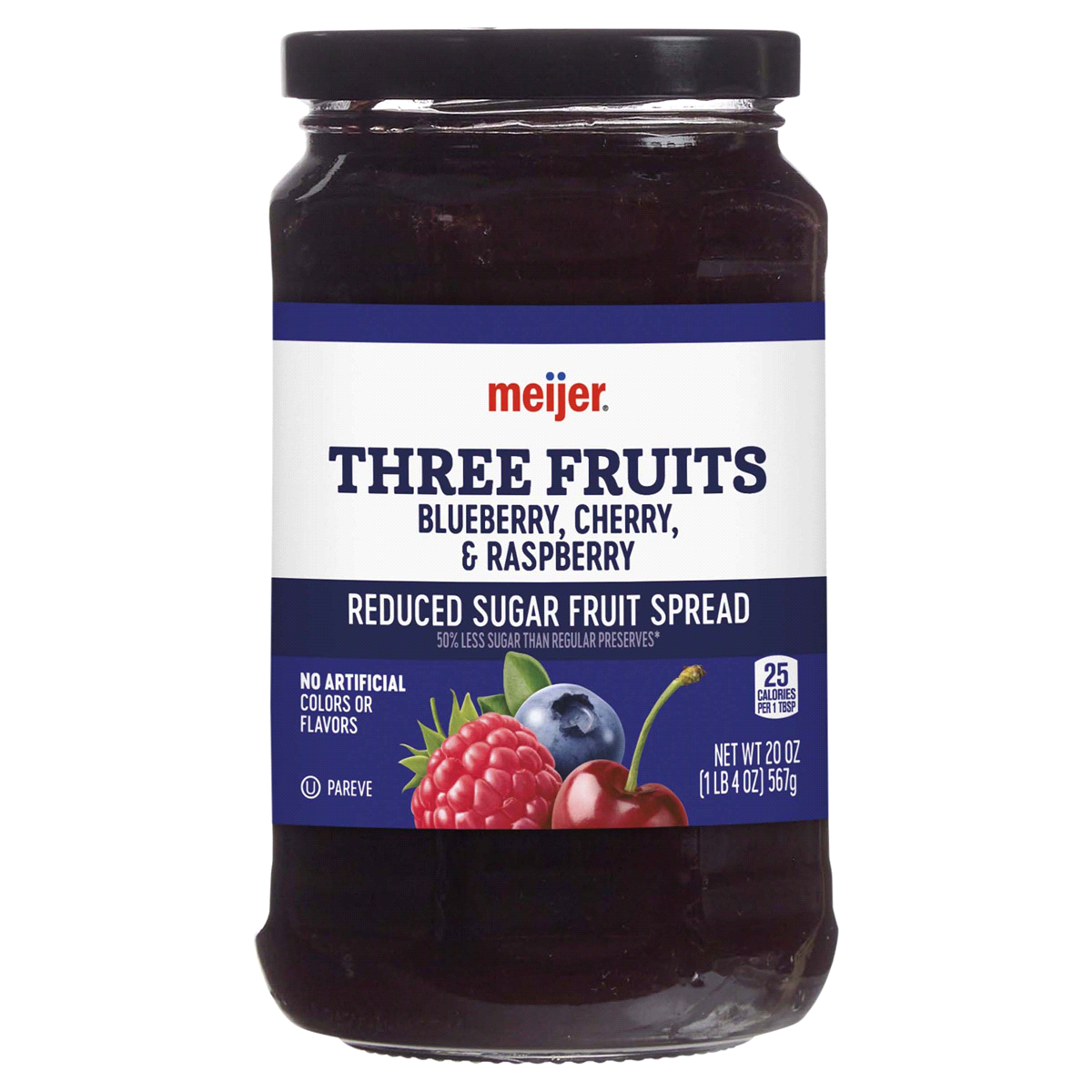 slide 1 of 17, Meijer Blueberry, Cherry & Raspberry Three Fruits Light Preserves, 20 oz