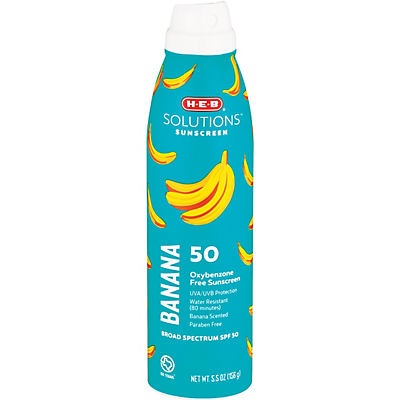 slide 1 of 1, H-E-B Solutions Oxybenzone Free SPF 50 Banana Scented Sunscreen Spray, 5.5 oz