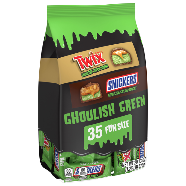 slide 1 of 1, Mars Wrigley Snickers & Twix Fun Size Ghoulish Green Chocolate Halloween Candy Bulk Bag, 35 ct, 20.13 oz