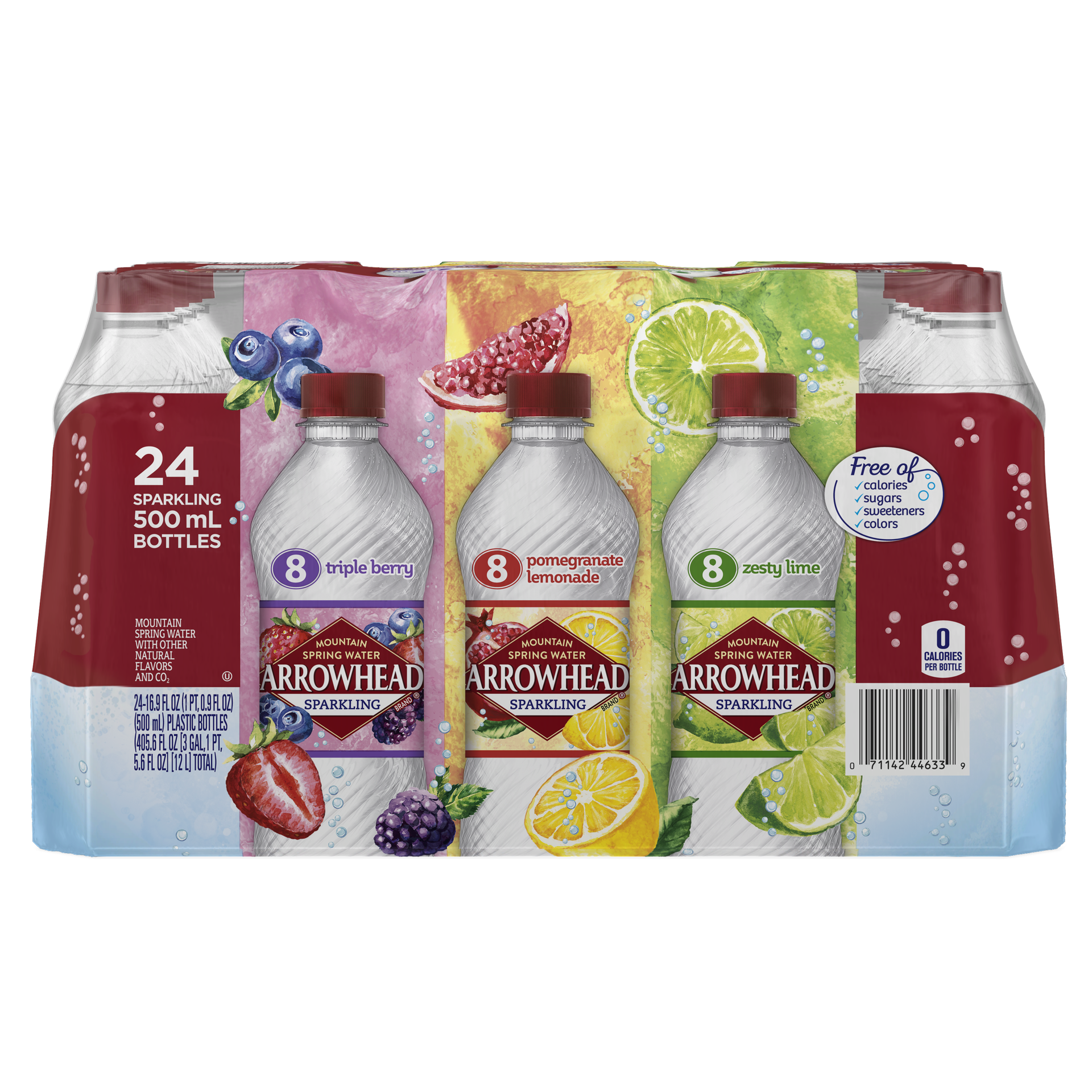 slide 3 of 5, Arrowhead Sparkling Water, Pomegranate Lemonade, Triple Berry, and Lime, 16.9 oz. Bottles (Variety Pack of 24), 16.9 fl oz