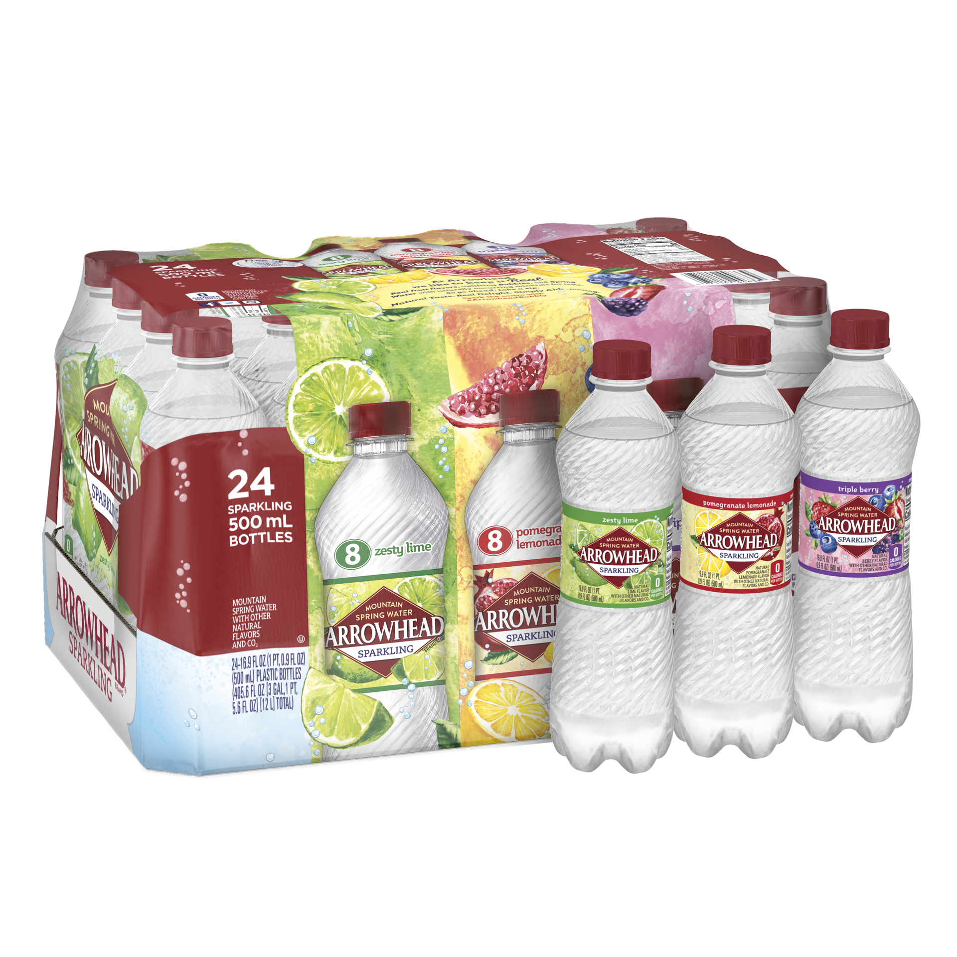 slide 4 of 5, Arrowhead Sparkling Water, Pomegranate Lemonade, Triple Berry, and Lime, 16.9 oz. Bottles (Variety Pack of 24), 16.9 fl oz