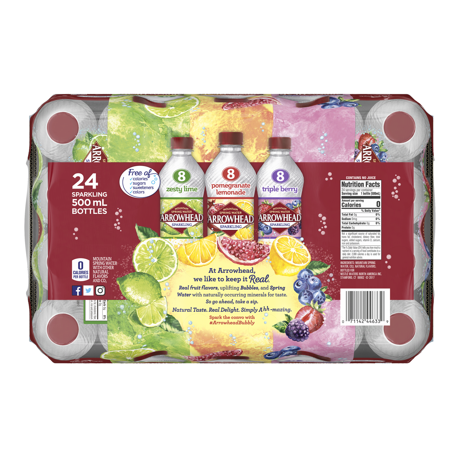 slide 5 of 5, Arrowhead Sparkling Water, Pomegranate Lemonade, Triple Berry, and Lime, 16.9 oz. Bottles (Variety Pack of 24), 16.9 fl oz