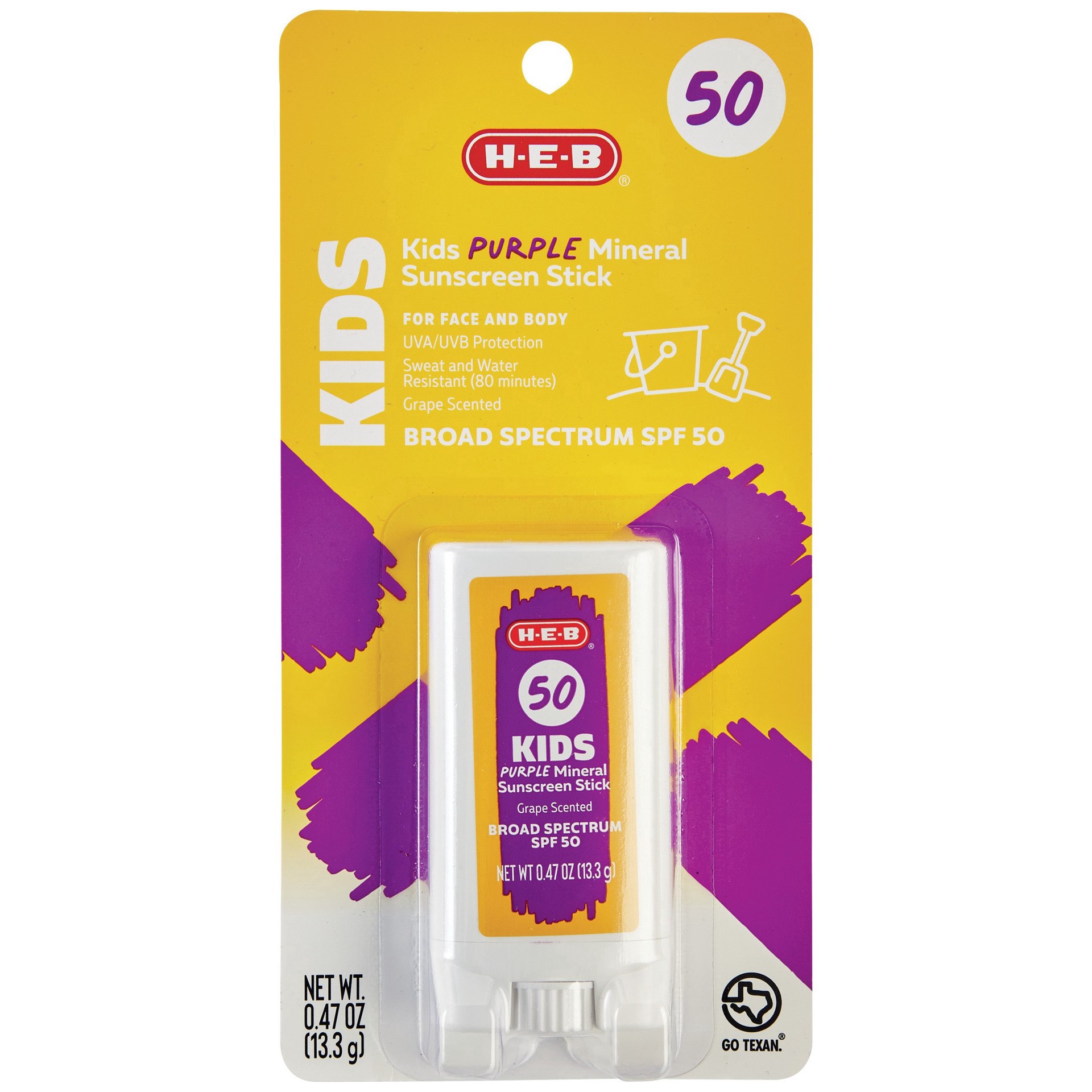slide 1 of 1, H-E-B Kids Purple Mineral Broad Spectrum Sunscreen Stick – SPF 50, 0.47 oz