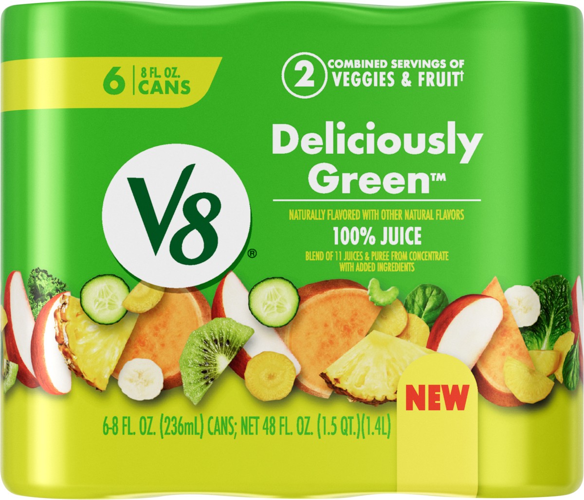 slide 8 of 13, V8 Deliciously Green 100% Fruit and Vegetable Juice, 8 fl oz Can (6 Pack), 48 oz
