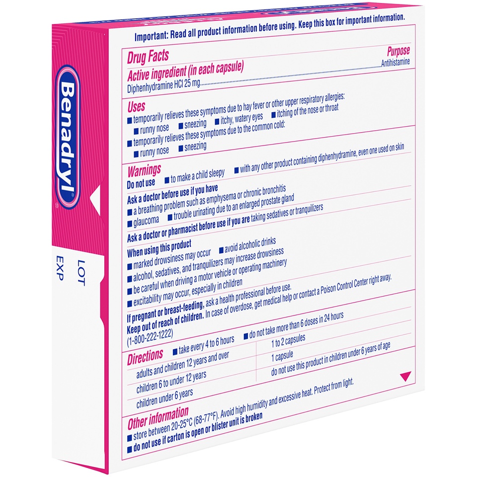 slide 2 of 6, Benadryl Liqui-Gels Antihistamine Allergy Medicine & Cold Symptom Relief, Dye-Free Liquid Gels with of Diphenhydramine HCl for Symptoms Such As Runny Nose, Sneezing & More, 24 ct