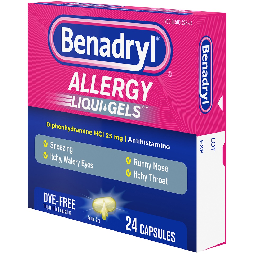 slide 3 of 6, Benadryl Liqui-Gels Antihistamine Allergy Medicine & Cold Symptom Relief, Dye-Free Liquid Gels with of Diphenhydramine HCl for Symptoms Such As Runny Nose, Sneezing & More, 24 ct
