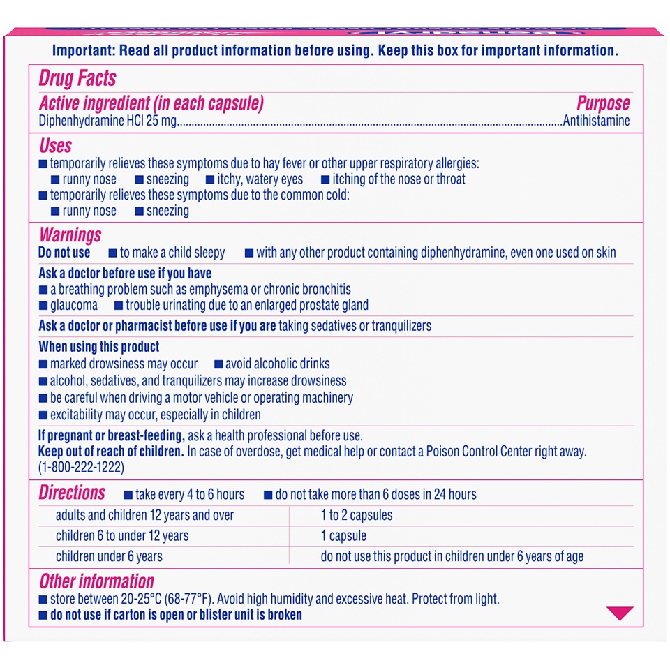 slide 6 of 6, Benadryl Liqui-Gels Antihistamine Allergy Medicine & Cold Symptom Relief, Dye-Free Liquid Gels with 25 mg of Diphenhydramine HCl for Symptoms Such As Runny Nose, Sneezing & More, 24 ct
