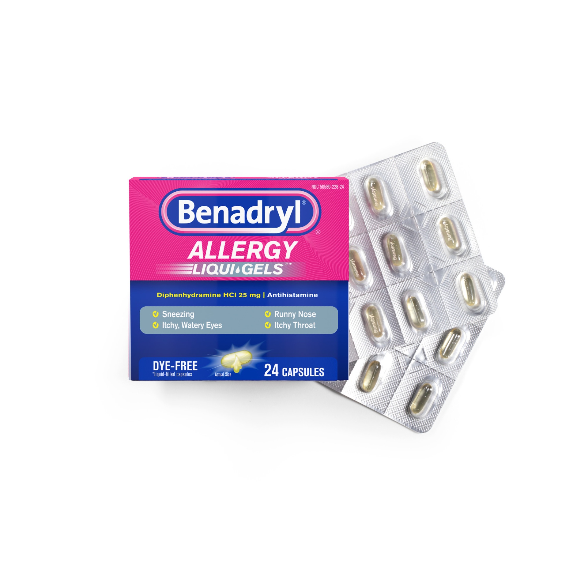 slide 1 of 6, Benadryl Liqui-Gels Antihistamine Allergy Medicine & Cold Symptom Relief, Dye-Free Liquid Gels with of Diphenhydramine HCl for Symptoms Such As Runny Nose, Sneezing & More, 24 ct
