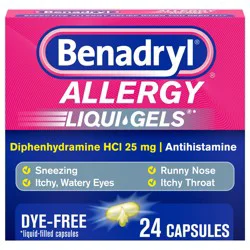 Benadryl Liqui-Gels Antihistamine Allergy Medicine & Cold Symptom Relief, Dye-Free Liquid Gels with 25 mg of Diphenhydramine HCl for Symptoms Such As Runny Nose, Sneezing & More, 24 ct