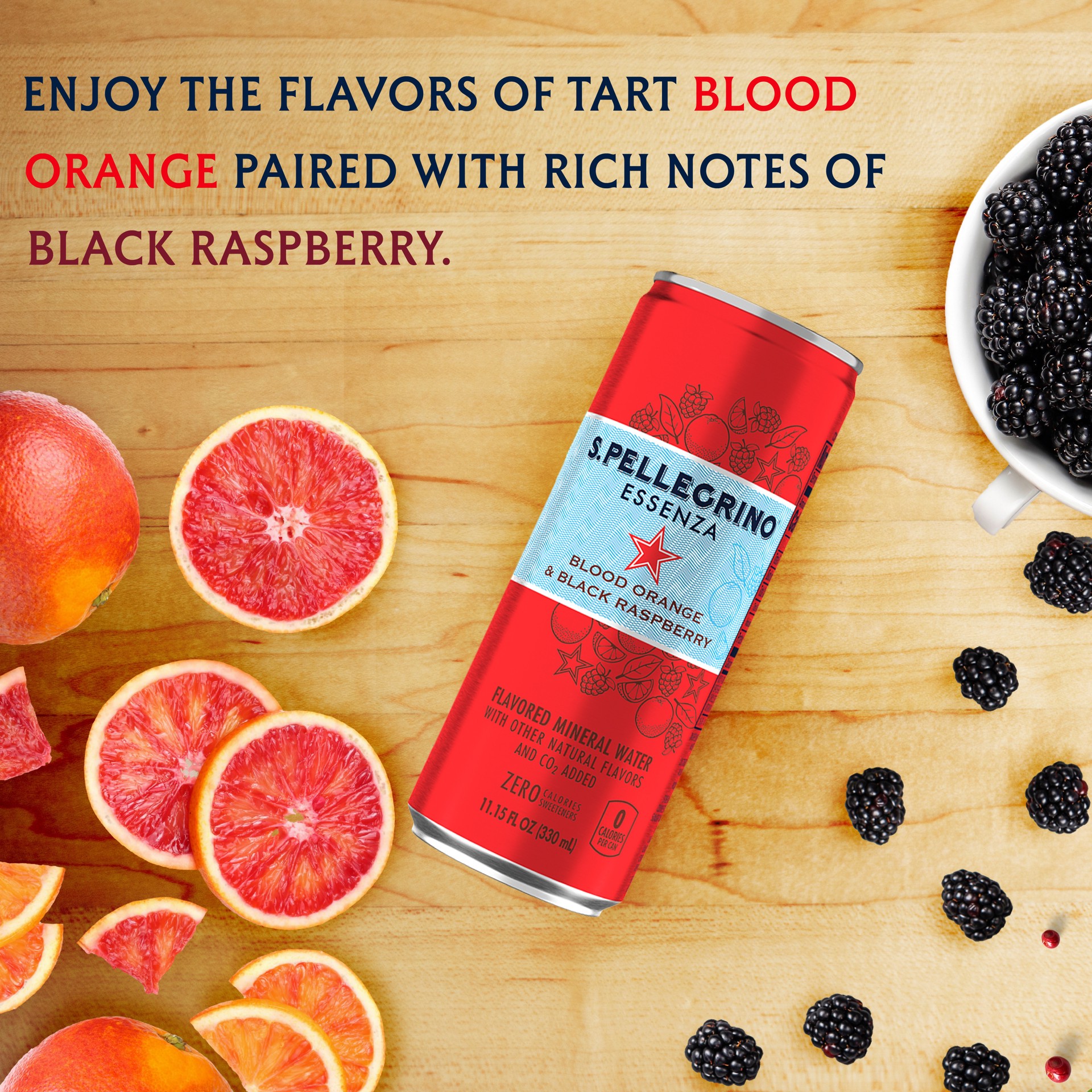 slide 5 of 7, S.Pellegrino Essenza Blood Orange & Black Raspberry Flavored Mineral Water with CO2 Added, 11.15 Fl Oz Can, 11.16 oz