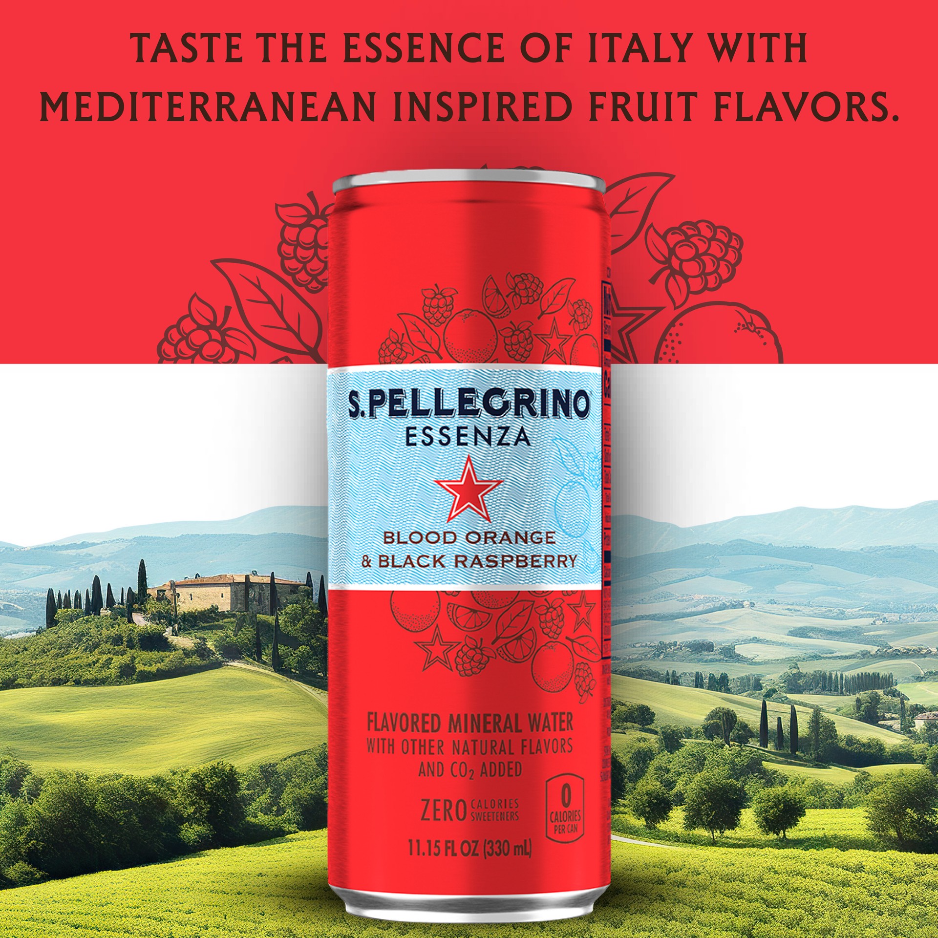 slide 7 of 7, S.Pellegrino Essenza Blood Orange & Black Raspberry Flavored Mineral Water with CO2 Added, 11.15 Fl Oz Can, 11.16 oz