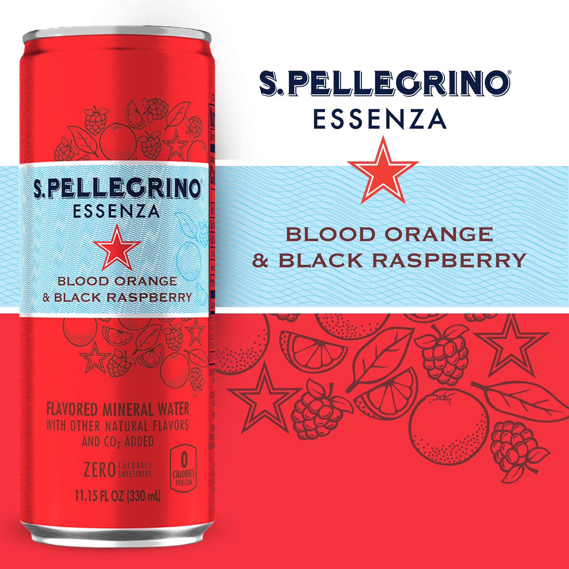 slide 3 of 7, S.Pellegrino Essenza Blood Orange & Black Raspberry Flavored Mineral Water with CO2 Added, 11.15 Fl Oz Can, 11.16 oz