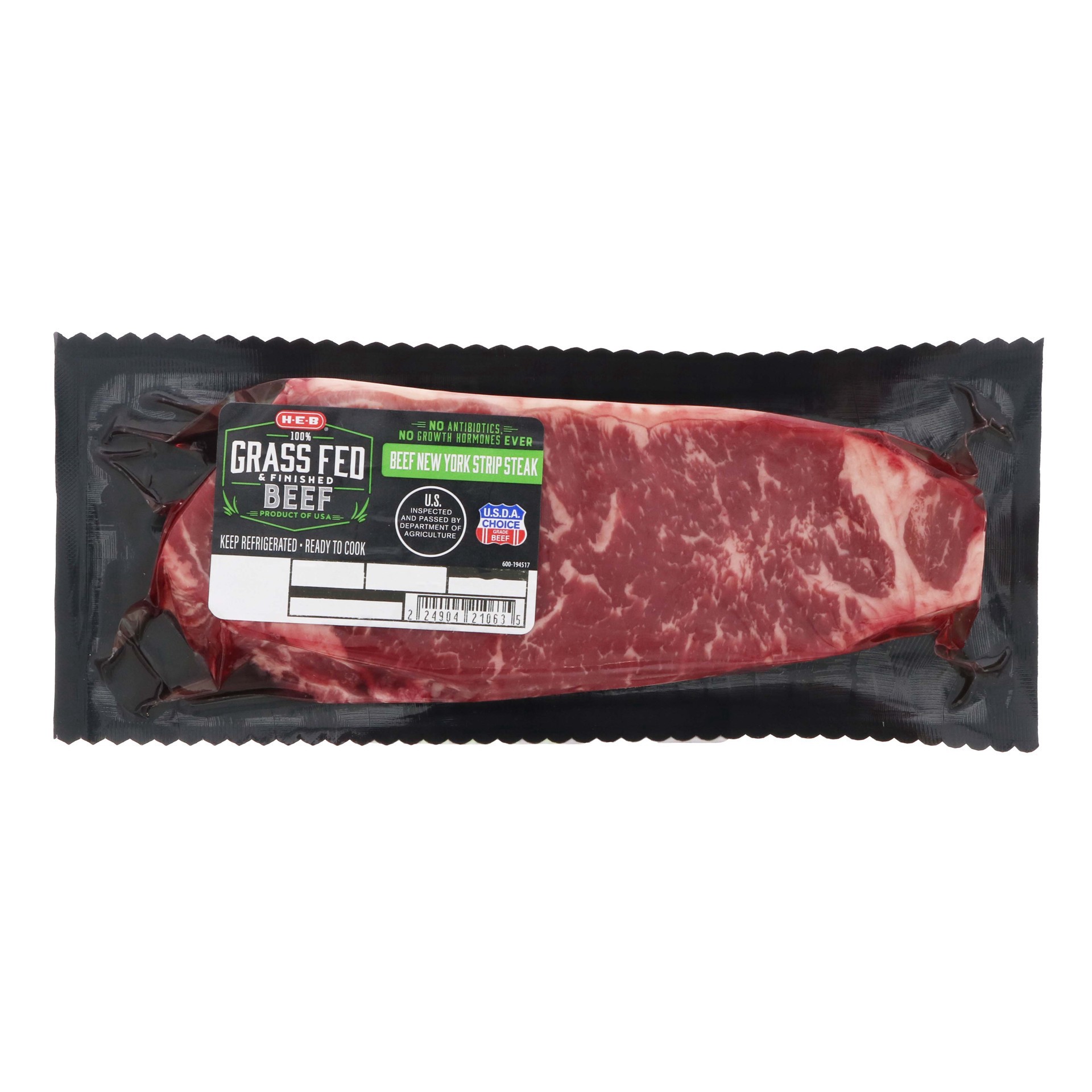 slide 1 of 1, H-E-B Grass Fed & Finished Beef Boneless New York Strip Steak - USDA Choice, per lb