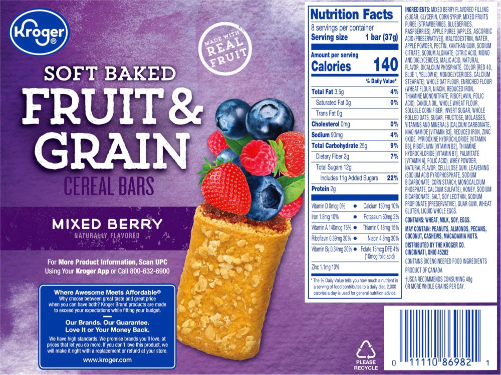 slide 2 of 3, Kroger Fruit & Grain Mixed Berry Cereal Bars, 8 ct; 1.3 oz