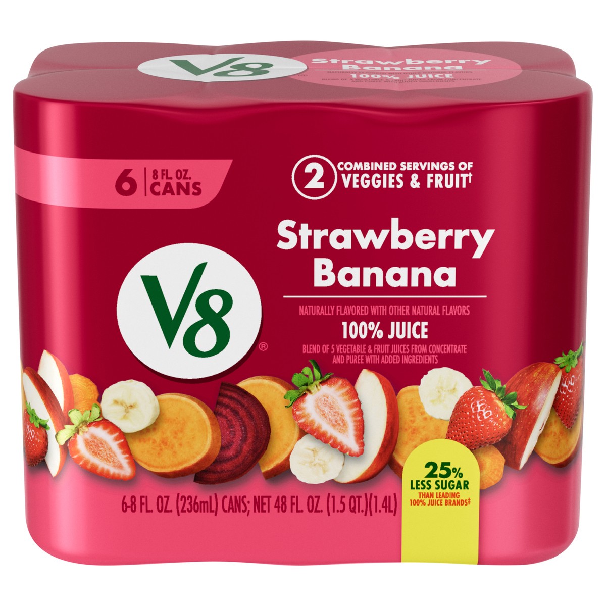 slide 11 of 13, V8 Strawberry Banana 100% Fruit and Vegetable Juice, 8 fl oz Can (6 Pack), 6 ct; 8 oz