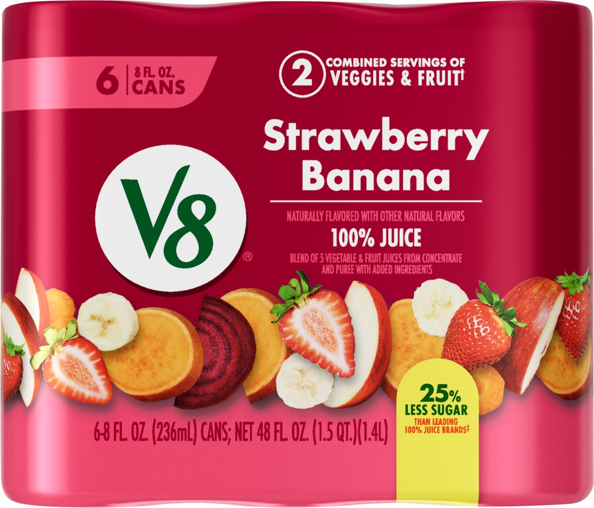 slide 2 of 13, V8 Strawberry Banana 100% Fruit and Vegetable Juice, 8 fl oz Can (6 Pack), 6 ct; 8 oz